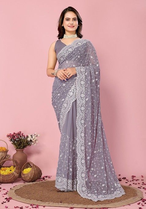 Purple Resham Embroidered Georgette Saree Set