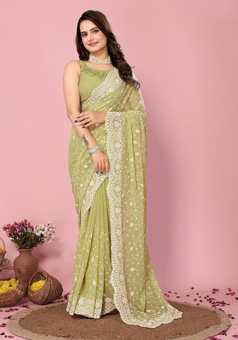 Green Resham Embroidered Georgette Saree Set