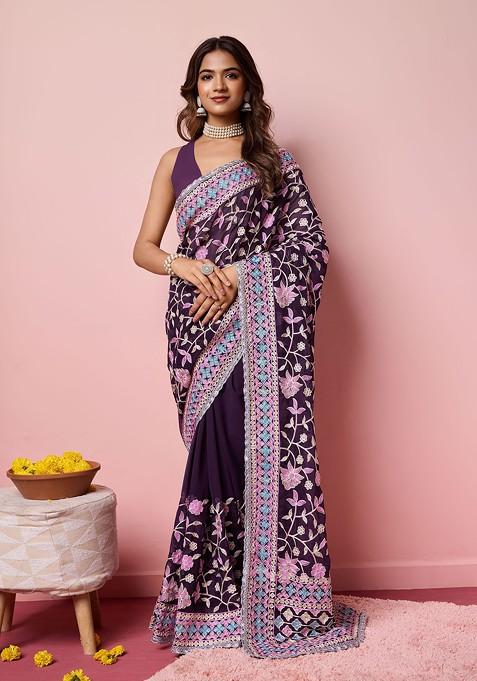 Purple Resham Embroidered Georgette Saree Set