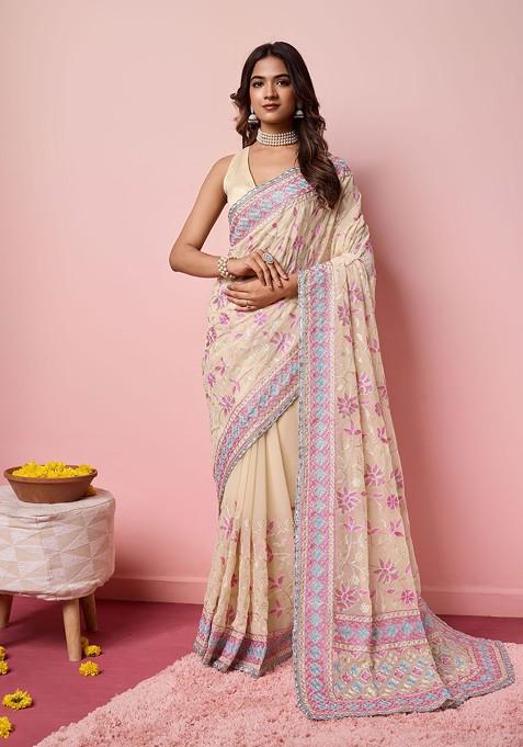 Beige Resham Embroidered Georgette Saree Set