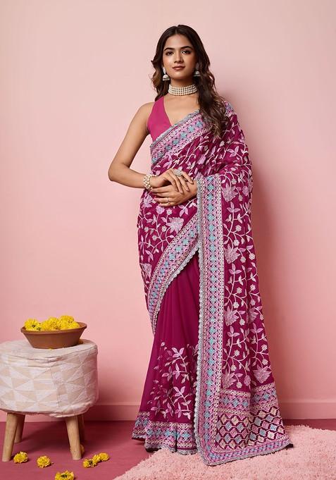 Pink Resham Embroidered Georgette Saree Set