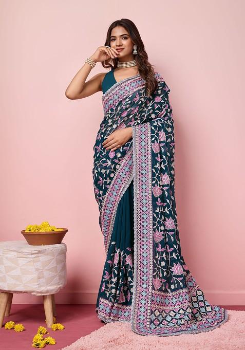 Teal Resham Embroidered Georgette Saree Set