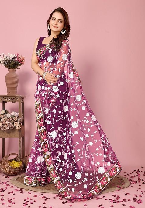 Wine Resham Embroidered Net Saree Set