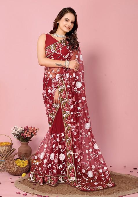 Maroon Resham Embroidered Net Saree Set