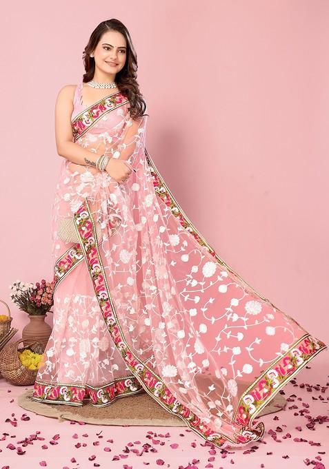 Pink Resham Embroidered Net Saree Set