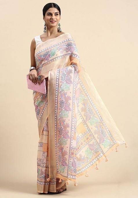 Orange Abstract Print Linen Saree Set