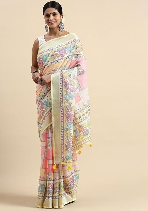 Yellow Abstract Print Linen Saree Set