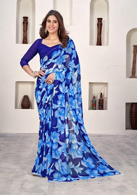 Blue Floral Print Georgette Saree Set