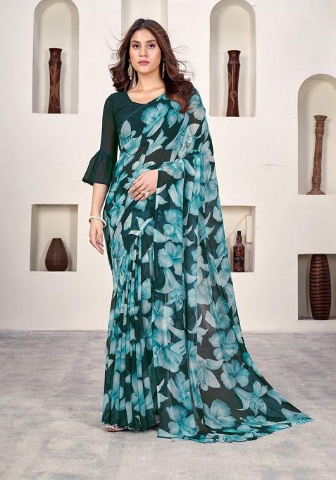 Teal Floral Print Georgette Saree Set