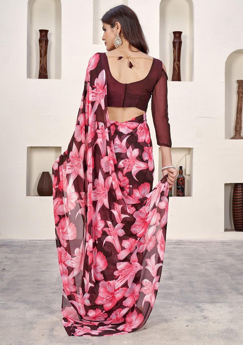 Wine Floral Print Georgette Saree Set