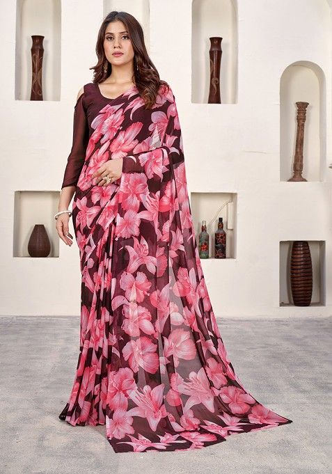 Wine Floral Print Georgette Saree Set