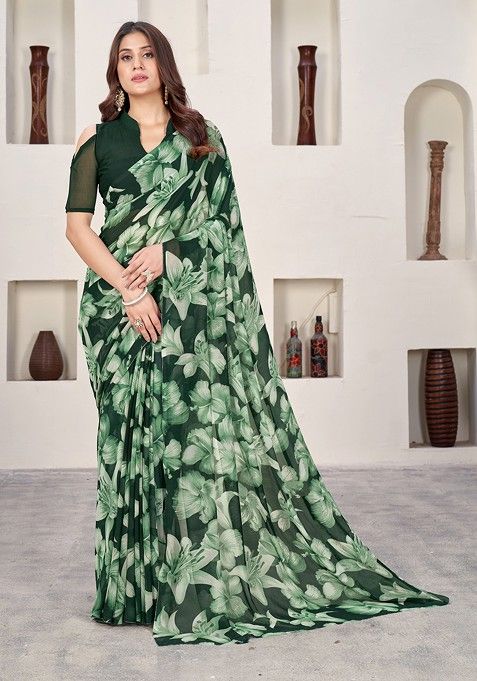 Green Floral Print Georgette Saree Set