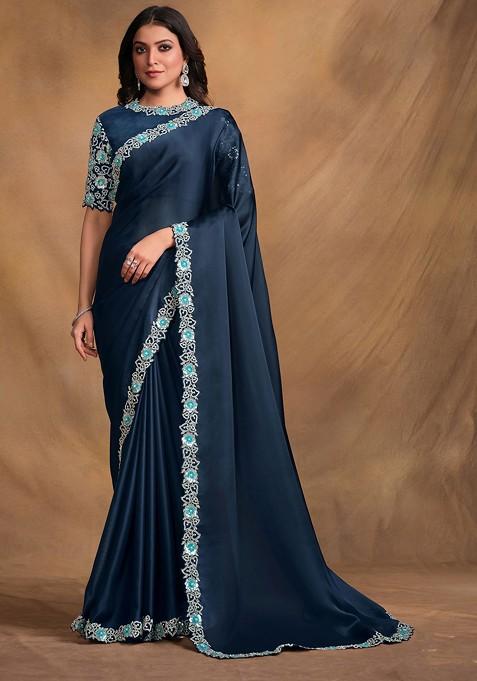 Teal Resham Embroidered Satin Saree Set