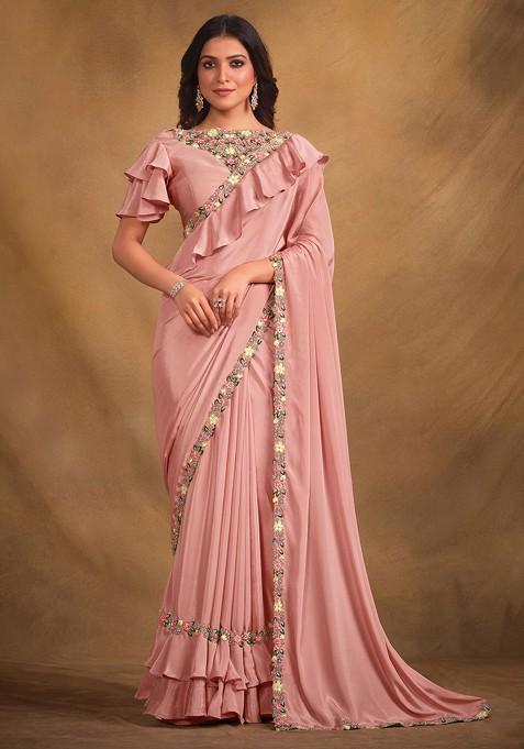 Pink Resham Embroidered Crepe Saree Set