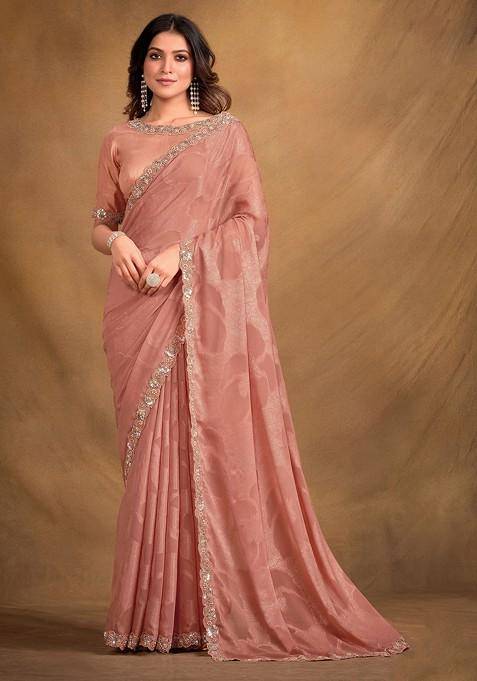 Peach Resham Embroidered Georgette Saree Set