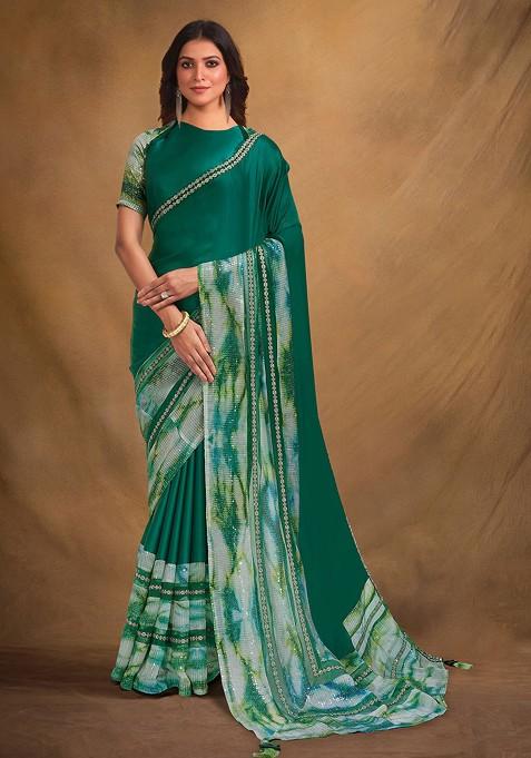 Green Resham Embroidered Satin Saree Set