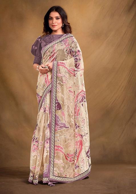 Cream Resham Embroidered Organza Saree Set