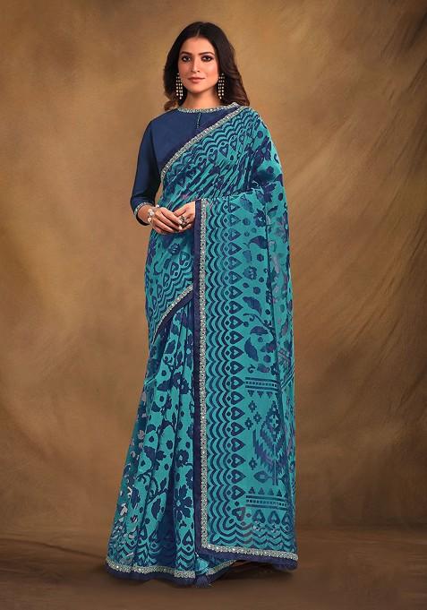 Blue Resham Embroidered Organza Saree Set