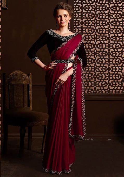 Maroon Bead Embroidered Satin Saree Set