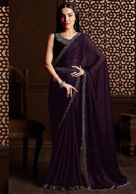 Purple Bead Embroidered Satin Saree Set