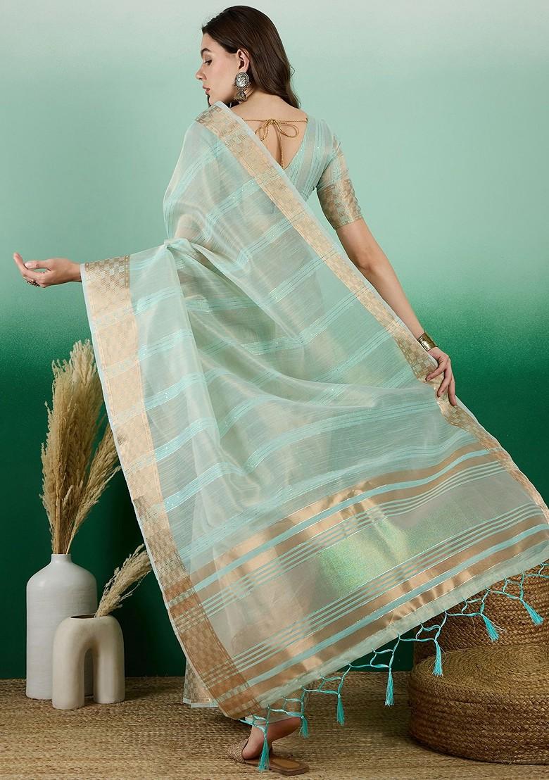 Beige Zari Woven Organza Saree Set - Indya