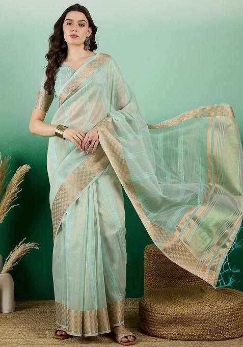 Beige Zari Woven Organza Saree Set