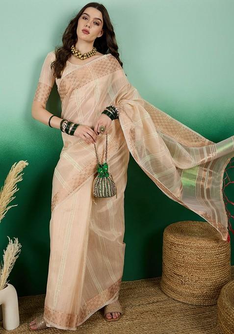 Peach Zari Woven Organza Saree Set