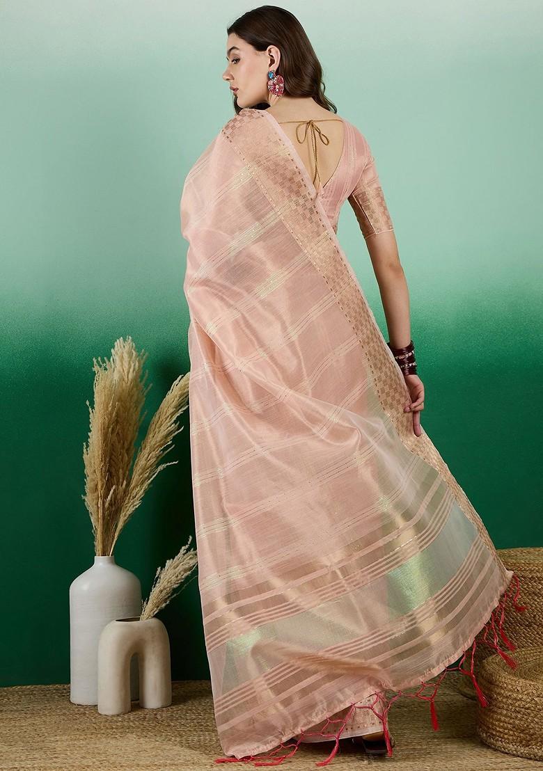 Pink Zari Woven Organza Saree Set