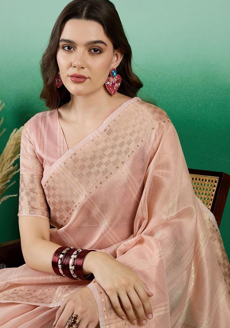 Pink Zari Woven Organza Saree Set