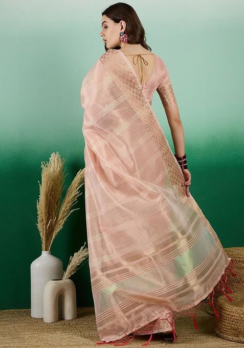 Pink Zari Woven Organza Saree Set