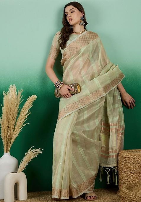 Yellow Zari Woven Organza Saree Set