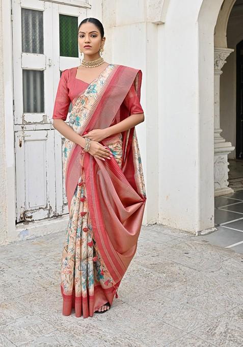 Pink Abstract Print Art Silk Saree Set