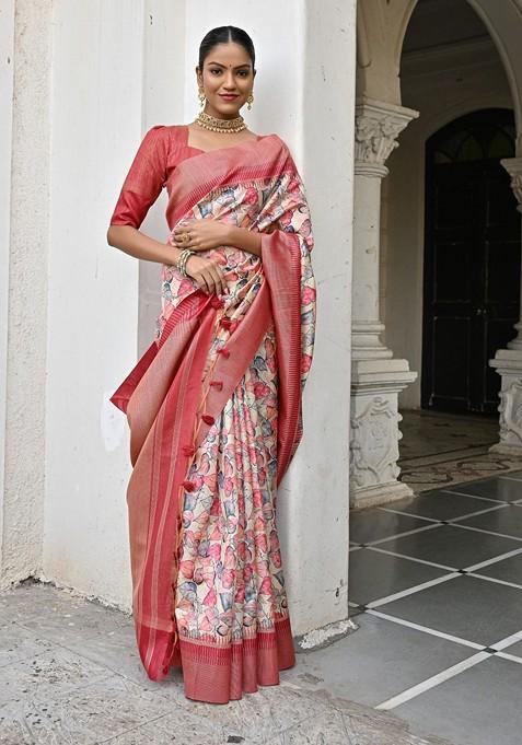 Pink Abstract Print Art Silk Saree Set