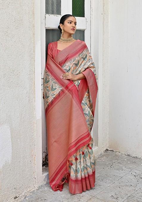 Pink Abstract Print Art Silk Saree Set