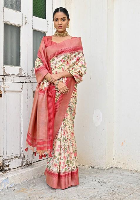 Pink Abstract Print Art Silk Saree Set