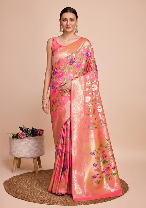 Peach Resham Woven Silk Saree Set