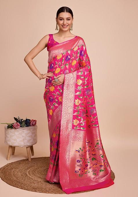 Pink Resham Woven Silk Saree Set