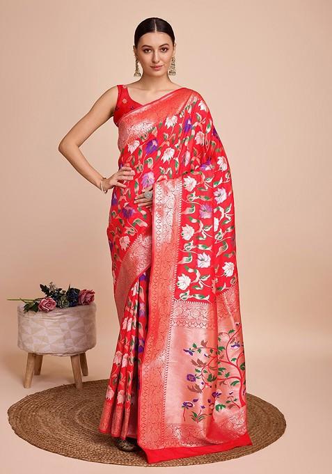 Red Resham Woven Silk Saree Set