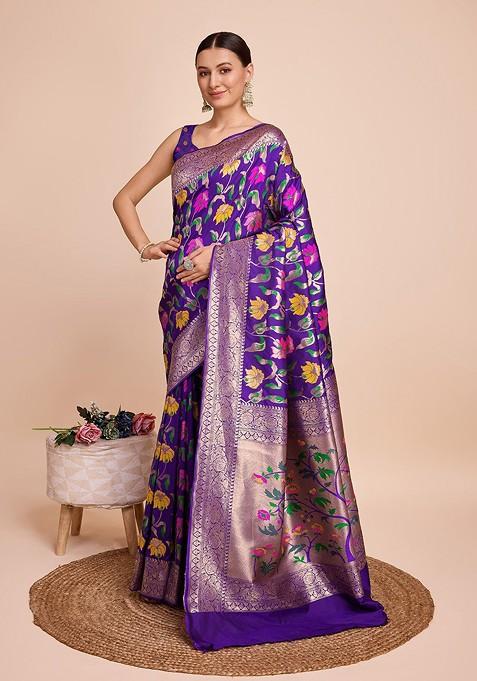 Lavender Resham Woven Silk Saree Set