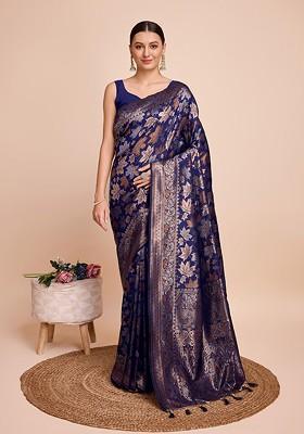 Navy Blue Zari Woven Silk Saree Set