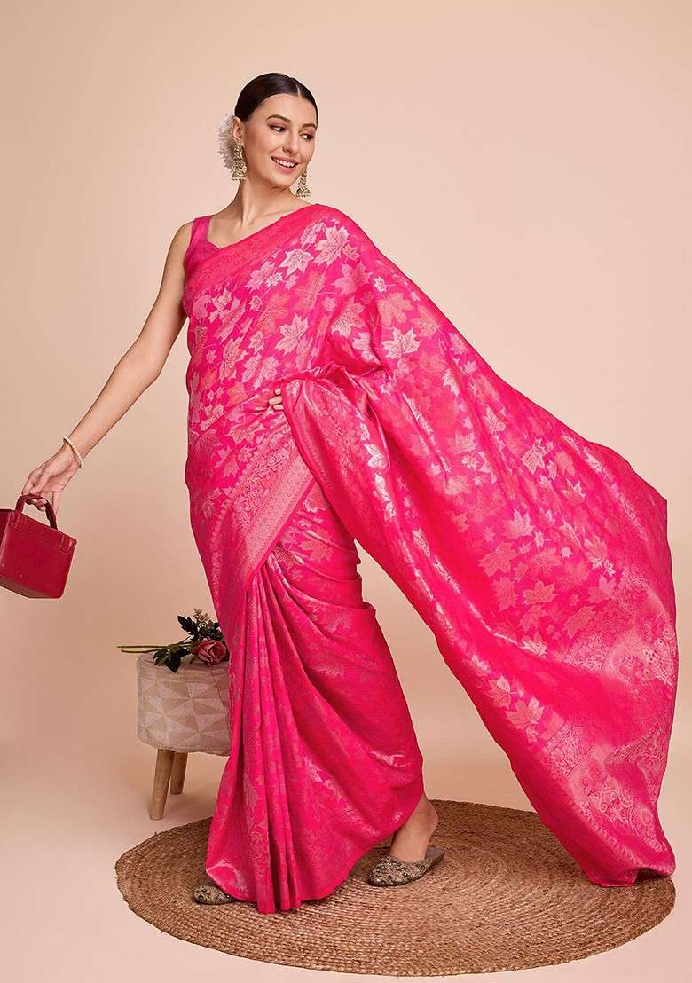 Pink Zari Woven Silk Saree Set for Diwali and Festive Wear - Indya