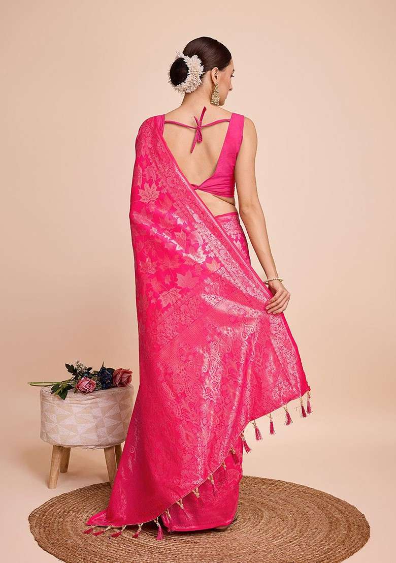 Pink Zari Woven Silk Saree Set for Diwali and Festive Wear - Indya