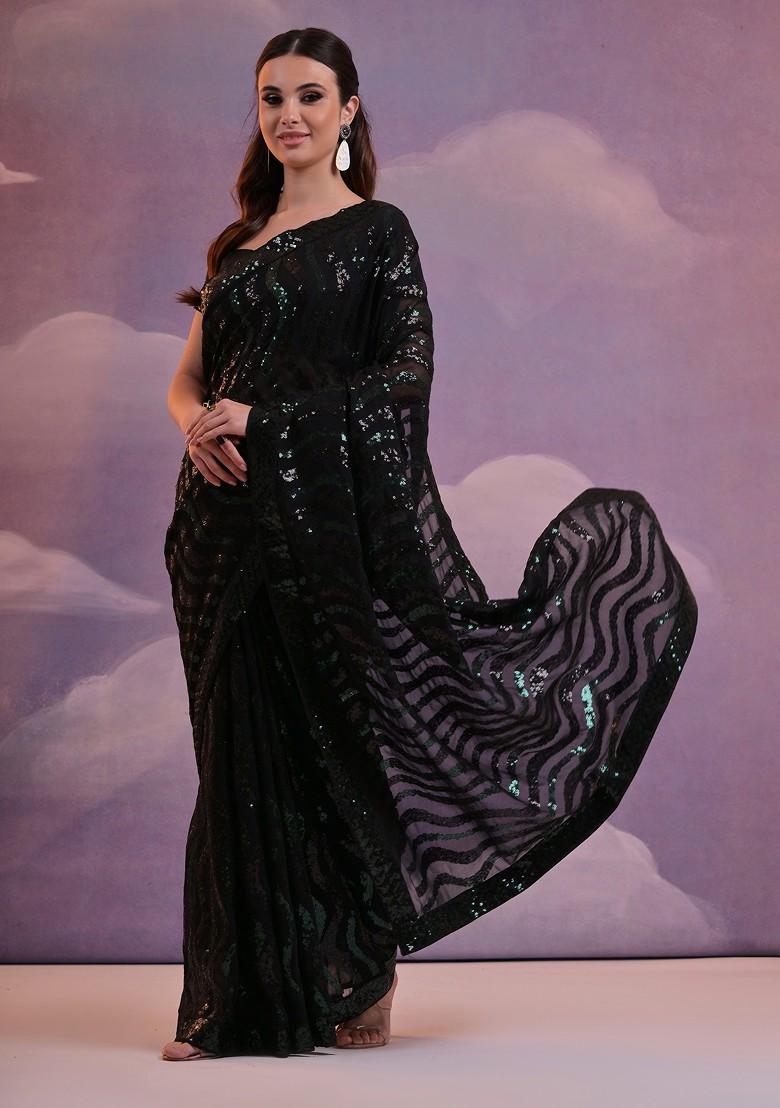 Black Sequin Embroidered Georgette Saree Set - Indya