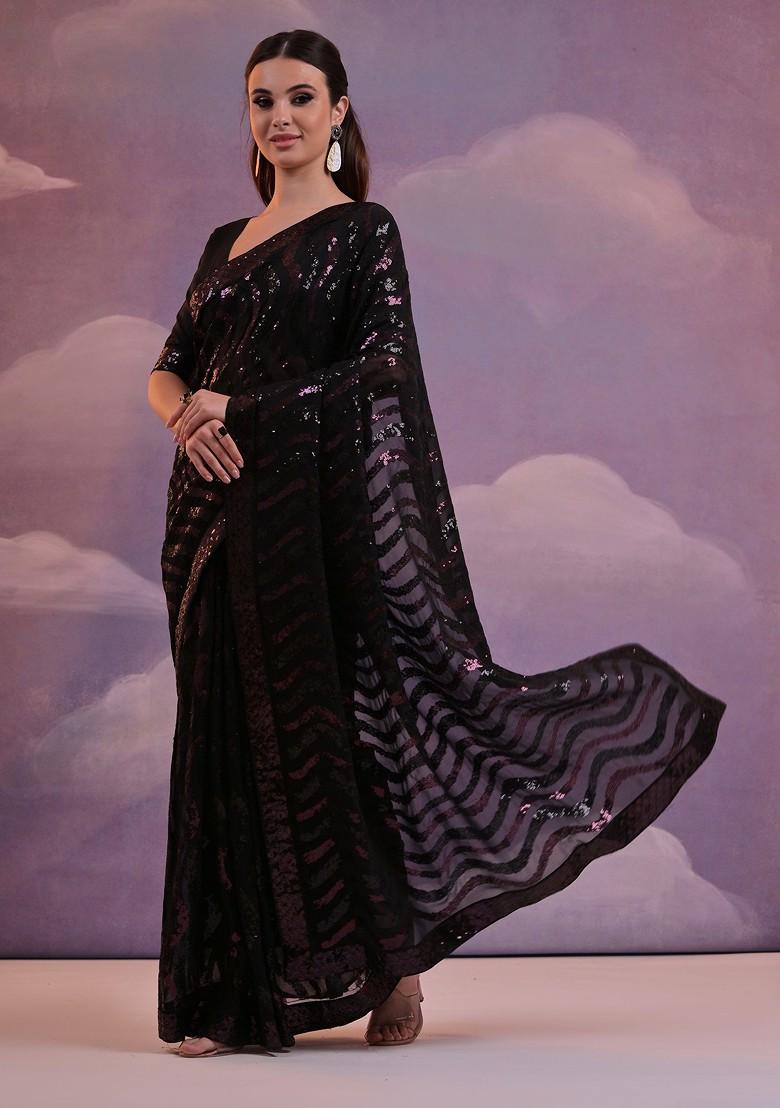 Black Sequin Embroidered Georgette Saree Set - Indya