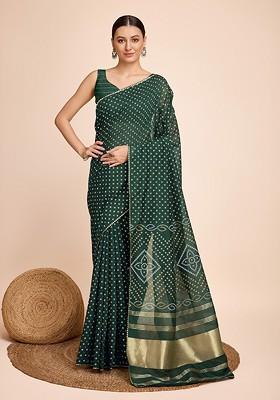 Green Abstract Print Cotton Saree Set