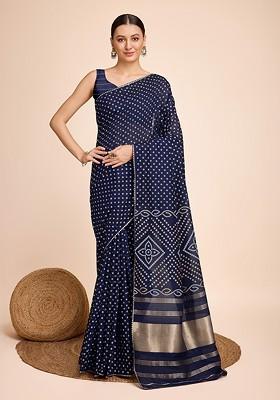 Navy Blue Abstract Print Cotton Saree Set