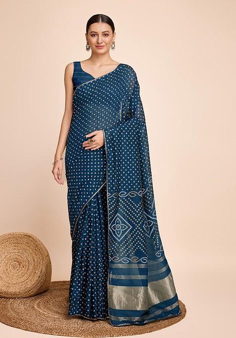 Teal Abstract Print Cotton Saree Set