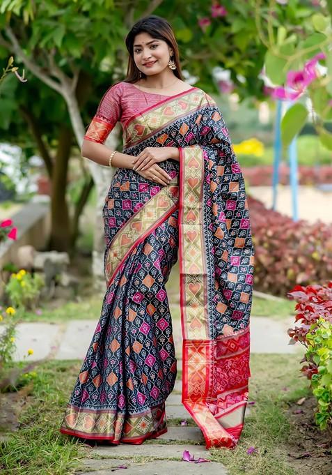 Black Abstract Print Silk Saree Set