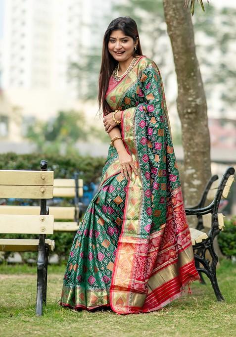 Green Abstract Print Silk Saree Set