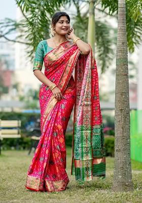 Pink Abstract Print Silk Saree Set